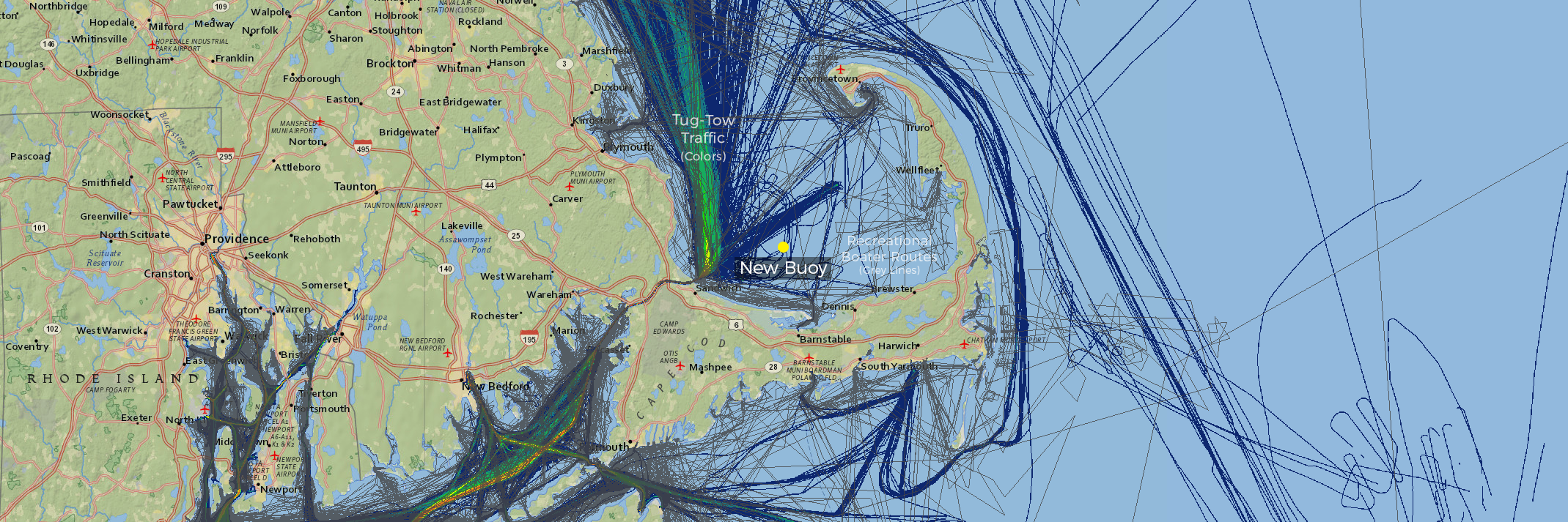 Screenshot of Northeast Ocean Data interactive map showing new buoy location with tug-tow traffic (colors) and recreational boater routes (grey lines).