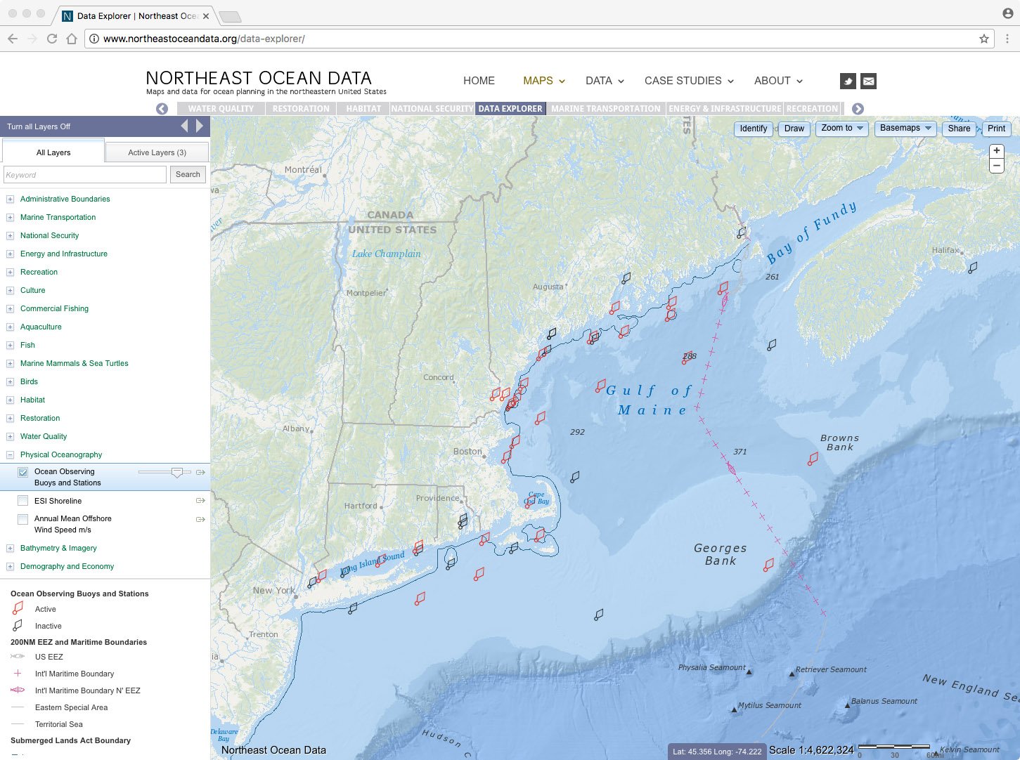 Screenshot of ocean observing buoys and stations layer