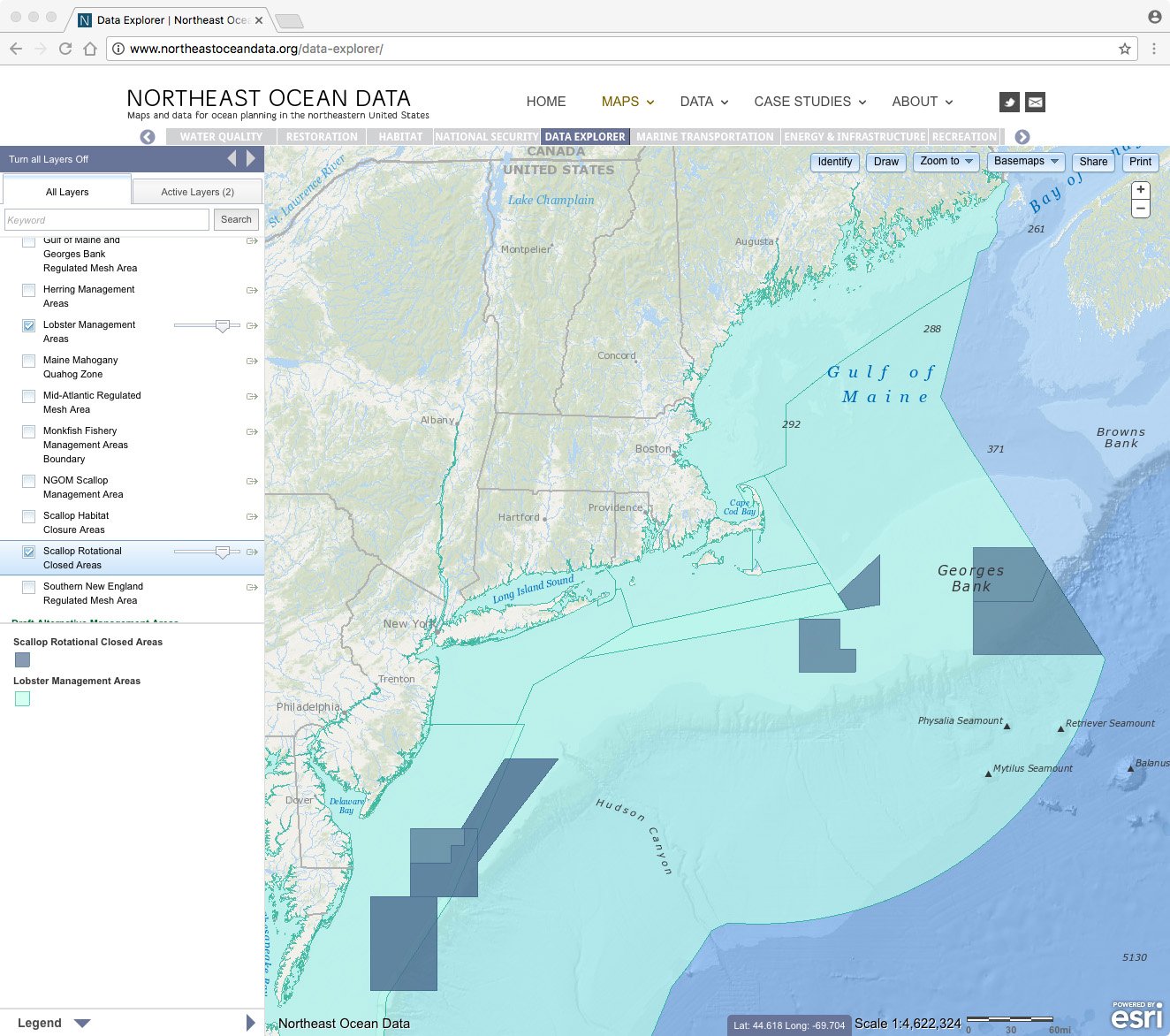 Screenshot of updated lobster and scallop fishery management areas