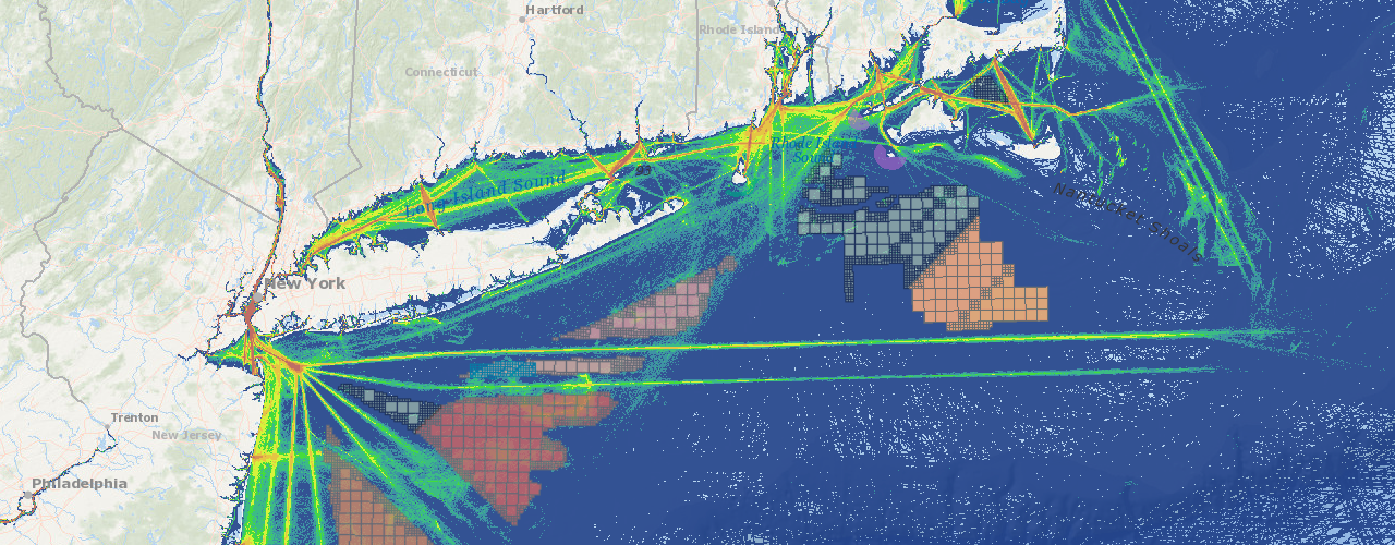Screenshot of Portal map showing vessel traffic and offshore wind energy areas. 