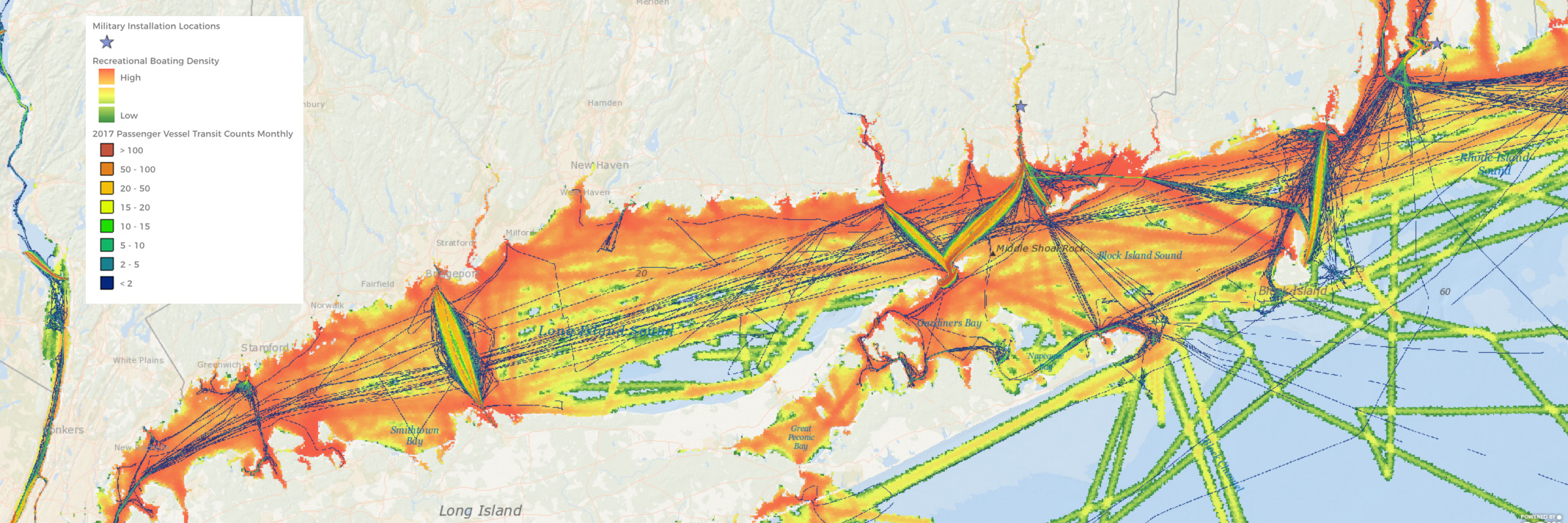 Screenshot of a Portal map showing ferry traffic and recreational boating density in Long Island Sound.