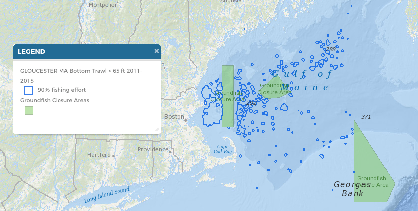 Groundfish closure areas (green) and bottom trawl fishing areas for Gloucester, Massachusetts, vessels less than 65 feet