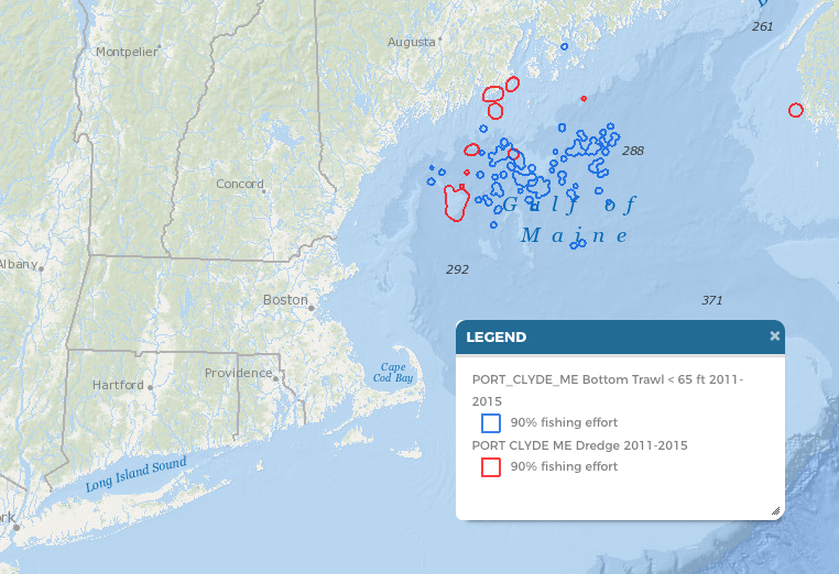 Port Clyde, Maine: 2011-2015 Dredge (red) and Bottom Trawl Vessels less than 65 Feet (blue)
