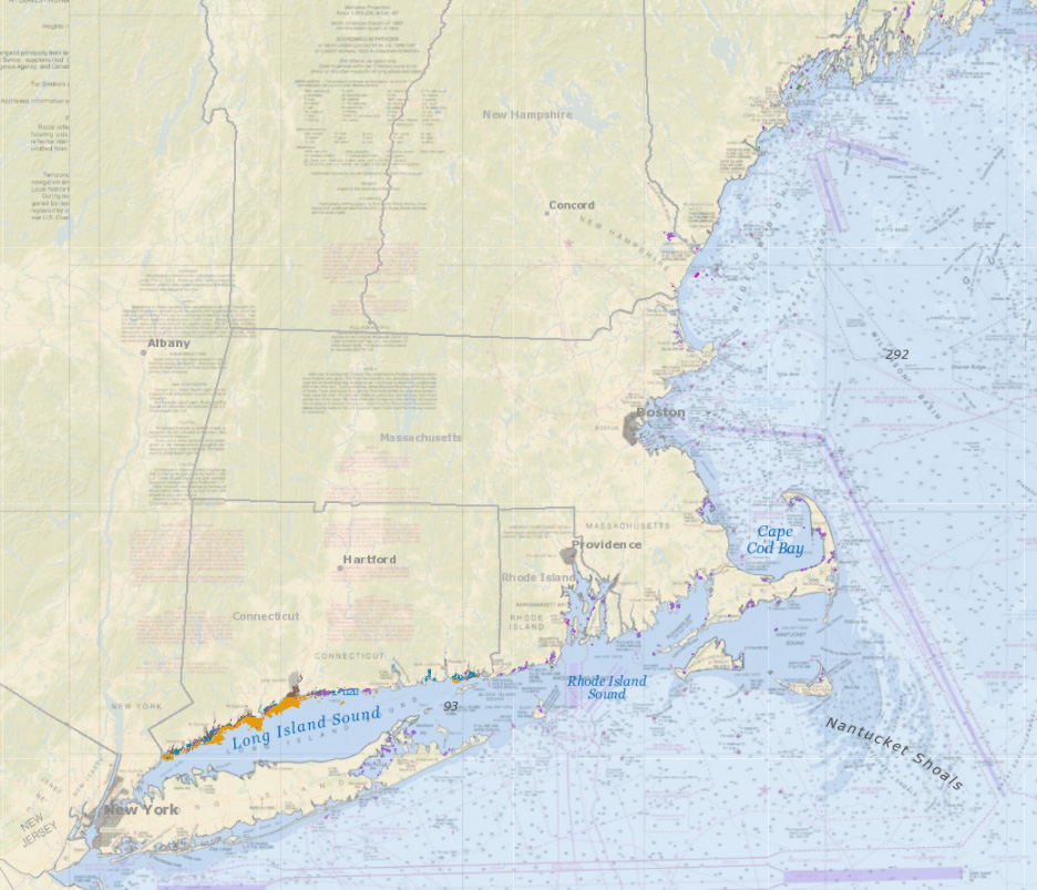 Aquaculture and Nautical Charts map layers viewed at regional scale
