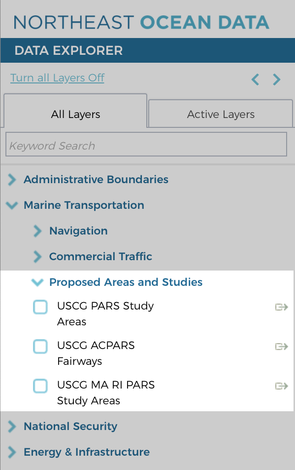 The new layers can be found in the Data Explorer in a new category called Proposed Areas and Studies under Marine Transportation.