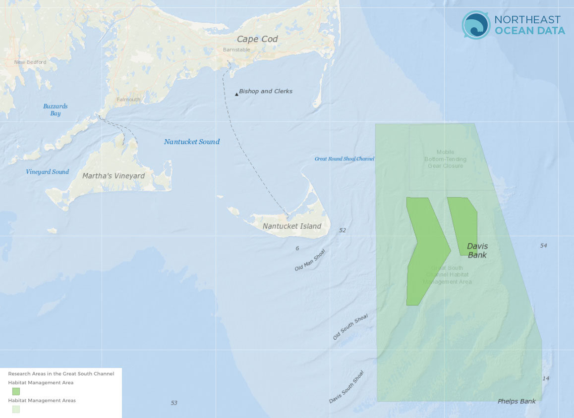 Screenshot showing the two Research Areas within the Great South Channel Habitat Management Area.