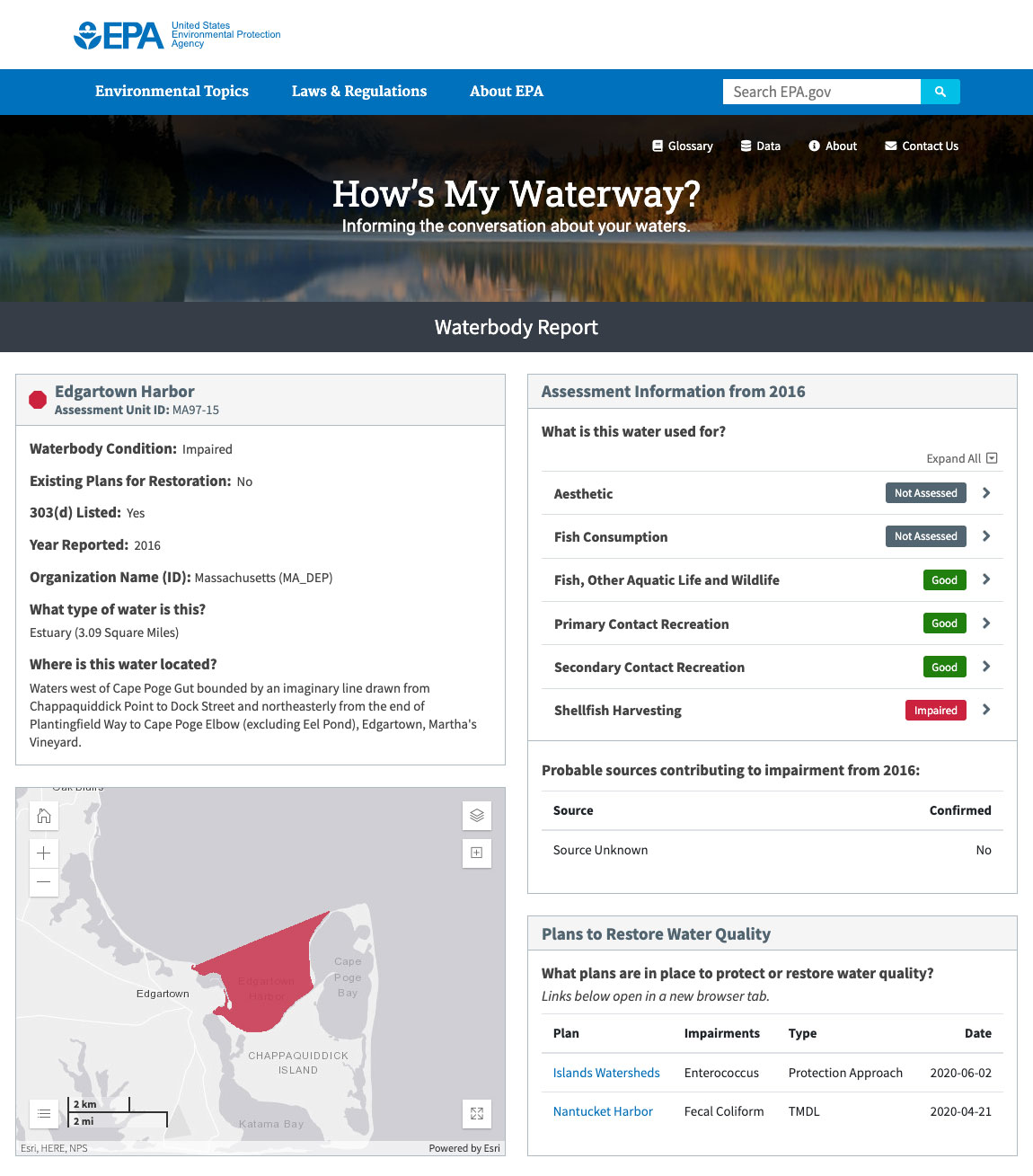 Screenshot Showing Example of EPA How's My Waterway Report